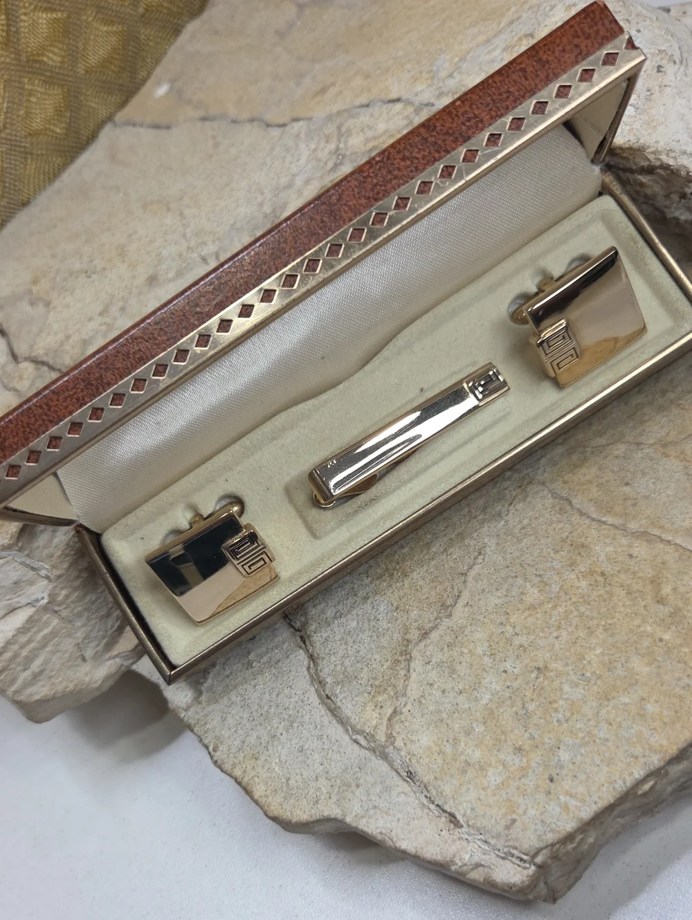 Vintage SWANK Gold-Tone Cufflink and Tie Clip Set In Box
